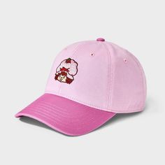 a pink baseball cap with a cartoon character on the front and side panel, embroidered onto it