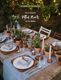 a table set with plates, utensils and succulents on it