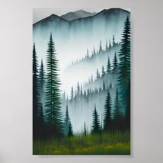 a painting on the wall of a room with mountains and trees painted in green tones