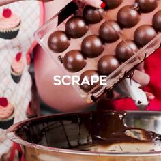 a woman is pouring chocolate into a pan