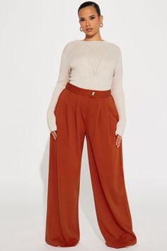 Available In Chocolate And Rust. Trouser Pant High Rise Button Detail Elastic Waist Back Front Pleats Wide Leg Stretch 95% Polyester 5% Spandex Imported | What Matters Most Wide Leg Trouser in Rust size XS by Fashion Nova What Matters Most, Leg Stretching, Trouser Pants, Office Wear, Button Detail, Chic Outfits, Fashion Nova, Elastic Waist, Rust