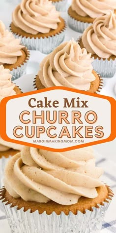 cupcakes with frosting on top and the words cake mix churro cupcakes above them