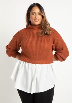 Twofer Skirted Sweater | Eloquii Office Outfits Women Plus Size, Faux Fur Sweater, Office Outfits Women, Plus Size Designers, Sweater Women's, Long Sleeve Knit Sweaters, Knit Turtleneck Sweater, Professional Outfits, Tunic Length