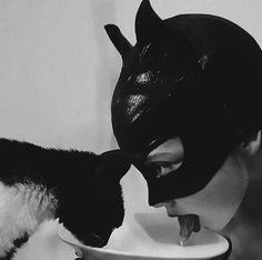 a cat drinking out of a bowl next to a person wearing a batman mask on their head