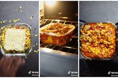 three pictures showing different stages of cooking food in an oven and then being put into the oven