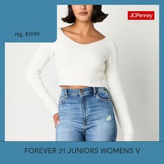 Knitted for warmth and style, this cropped top from Forever 21's junior's and women's collection is made from soft knit with a v-neckline and raglan long sleeves. Pair it with high-rise cargo pants or jeans with sneakers.Closure Type: Pullover HeadFit: Loose FitNeckline: V NeckSleeve Length: Long SleeveSleeve Style: Fitted SleeveFiber Content: 50% Rayon, 30% Polyester, 10% Nylon, 10% PolyamideFabric Description: KnitCare: Dry Flat, Hand WashCountry of Origin: Imported Jeans With Sneakers, Large Sweaters, Small Sweater, Long Sleeve Pullover Sweater, Sweater White, Pullover Sweater Women, Cropped Top, White Sweaters, Long Sleeve Pullover