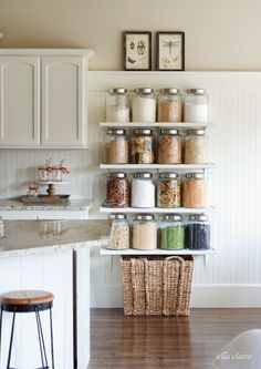 an organized pantry in a kitchen with lots of spices and other items on the shelves