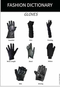 an image of gloves that are different colors and sizes, with the words fashion dictionary above them