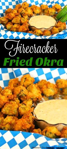 two pictures of fried okra with dipping sauce