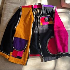 Crystal Patchwork Jacket With Red, Pink, Purple And Yellow. Funky Button Accents On Pockets. Black And White Piping. Really Fun Piece. Vintage. Fall Patchwork Black Blazer, Fitted Multicolor Patchwork Outerwear, Winter Multicolor Patchwork Blazer, Art Jacket, Patchwork Jacket, Purple And Yellow, Diy Sewing, Wearable Art, Piping