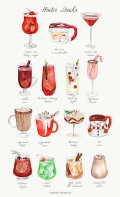 a watercolor drawing of different types of drinks on a white background with the words winter drinks written below it