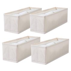 four white storage bins with dividers on each side