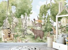 a bear and other animals in a forest scene wallpapered with watercolors