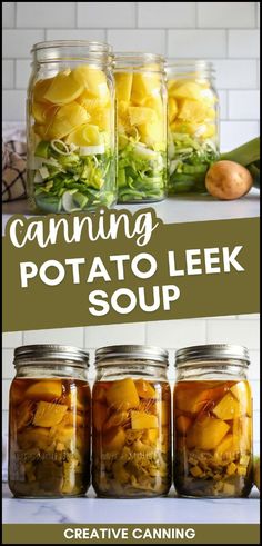 canning potato leek soup in jars with text overlay that reads canning potato leek soup