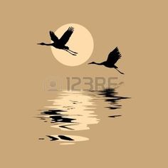 two birds flying over the water in front of a full moon at sunset or dawn