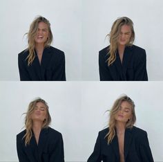 four different shots of a woman with her eyes closed and mouth wide open, looking to the side