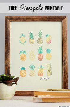 a pineapple printable is displayed on a shelf next to books and a potted plant