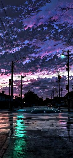 the sun is setting over an intersection with traffic lights and power lines in the background