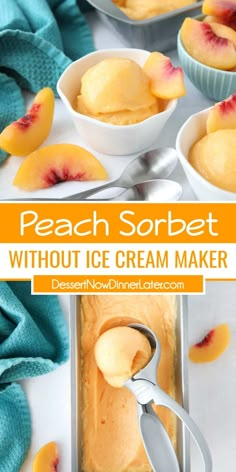 peach sorbet without ice cream maker in bowls with spoons on the side