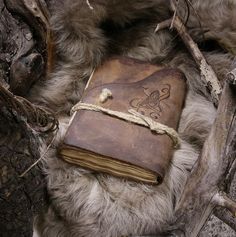 an old book is laying on the ground next to some dead tree limbs and branches