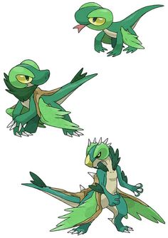 three different types of green and white pokemons with their tails spread out in the air