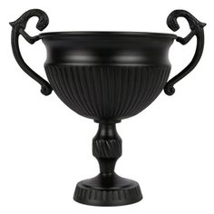 a black urn with two handles on the top and an ornate handle at the bottom