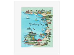 a watercolor map with the words montgomery bay on it and boats floating in the water