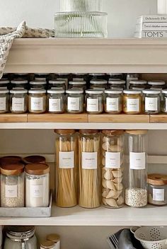 an organized pantry with pasta and spices