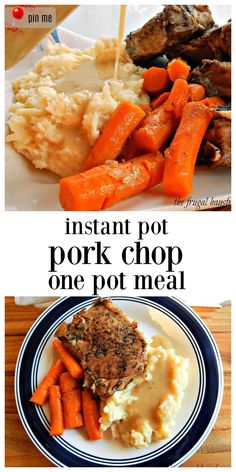 two pictures showing different types of food on the same plate, one with mashed potatoes and carrots