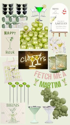 a collage of green and white items with words on them, including wine glasses