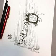 a drawing of a girl in the rain with an umbrella over her head and another pen next to it