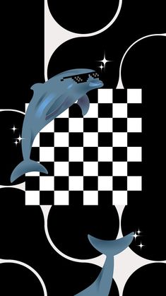 two dolphins are jumping out of the water with checkered squares in front of them