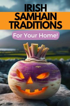 A turnip Jack O'Lantern that is lit with a candle on an Irish stone wall. Samhain Snacks, Samhain Recipes Traditional, Samhain Traditions Recipe, Samhain Gifts, Irish Paganism, Pagan Thanksgiving