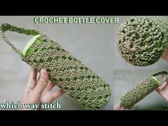 the crochet bottle cover is made with green yarn and has a hole in it