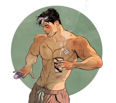 a drawing of a man with no shirt holding a bottle