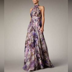 New Badgley Mischka Collection High Neck Floral Gown - Florals And Painterly Prints - Halter Neck Gown - Strapless Cascading Peplum Dress - Shell: 100% Silk - Lilac - Size 2 Elegant Lavender Gown For Prom, Elegant Lavender Prom Gown, Purple Summer Wedding Evening Dress, Elegant Lavender Prom Season Gown, Formal Purple Chiffon Maxi Dress, Elegant Lavender Gown For Prom Season, Elegant Lavender Evening Dress For Prom, Elegant Purple Chiffon Gown, Elegant Lavender Prom Dress