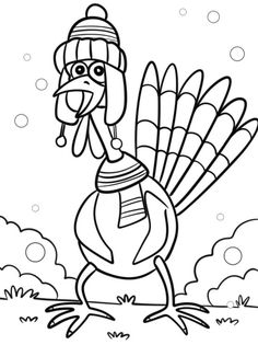 a cartoon turkey with a hat on it's head, standing in the grass