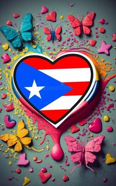 a heart with the flag of cuba surrounded by butterflies and confetti on a blue background