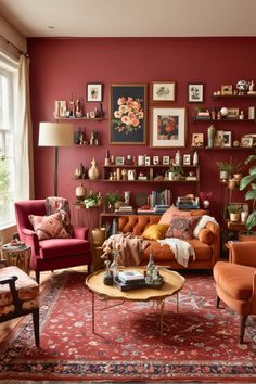 a living room filled with furniture and pictures on the wall