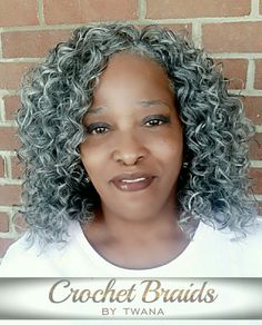 Crochet Braids with Freetress Gogo Curl in color Grey. 3 packs cut in half. #gogocurl #greycrochetbraids #grayhair #platinumhair #crochetbraids #protectivestyles #grannyhair #gogocurl #freetress #crochetbraidsbytwana www.crochetbraidsbytwana.com Grey Hair For Black Women, Grey Hair Braids, Curl Braids, Grey Eagle, Short Crochet, Granny Hair