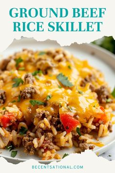 ground beef rice skillet on a white plate with text overlay that reads ground beef rice skillet