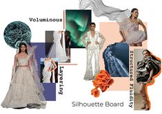 the collage shows different types of fashions and accessories, including dresses, veils, shoes, hair, and clothing