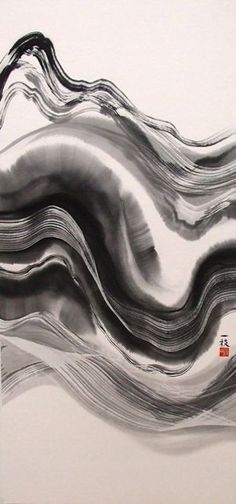 an abstract painting with black and white lines