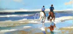 two people are riding horses on the beach