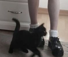 a black cat walking across a kitchen floor next to a person's legs and shoes