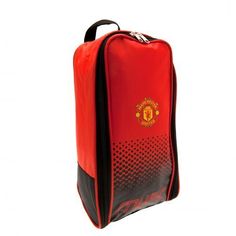 a red and black bag with the manchester united crest on it