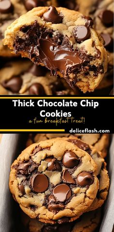 chocolate chip cookies are stacked on top of each other with the words, thick chocolate chip cookies