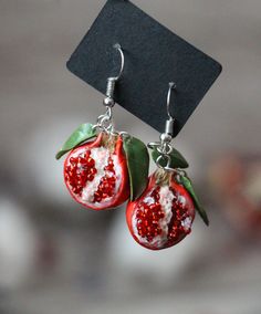 Earrings are made of baked polymer clay. Lightweight and durable. Silly Earrings, Artsy Earrings, Pomegranate Earrings, Polymer Clay Flower Jewelry, Diy Earrings Polymer Clay, Food Earrings, Polymer Jewelry, Clay Miniatures, Fimo Clay