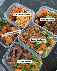 four plastic containers filled with different types of food