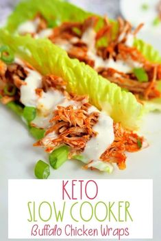 keto slow cooker buffalo chicken wraps on a white plate with the title above it